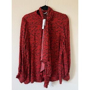 NWT Alice + Olivia Petite Dream Scarlet Floral Bow Blouse Black Size XL Preppy